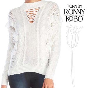 Torn by Ronny Kobo Paige Ruffle Lace-up Rib Knit Ivory Sweater Large